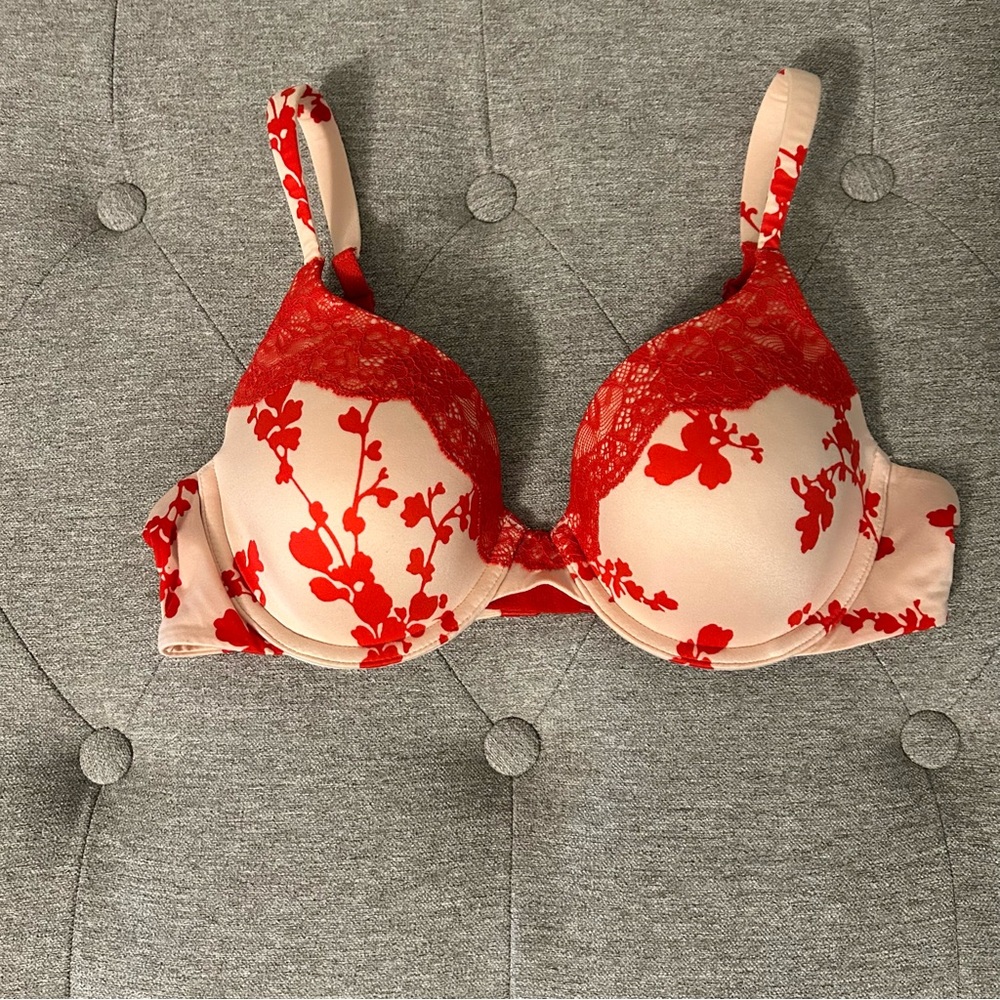 Floral Lace Underwire Bra - Red